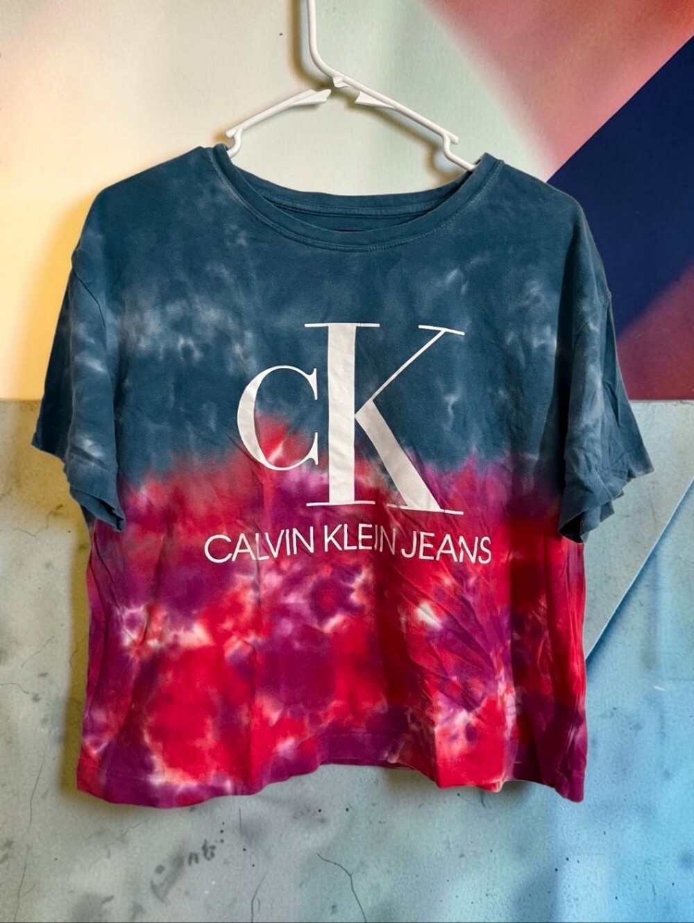 Calvin Klein Tie-Dye Logo Tee in Blue and Pink